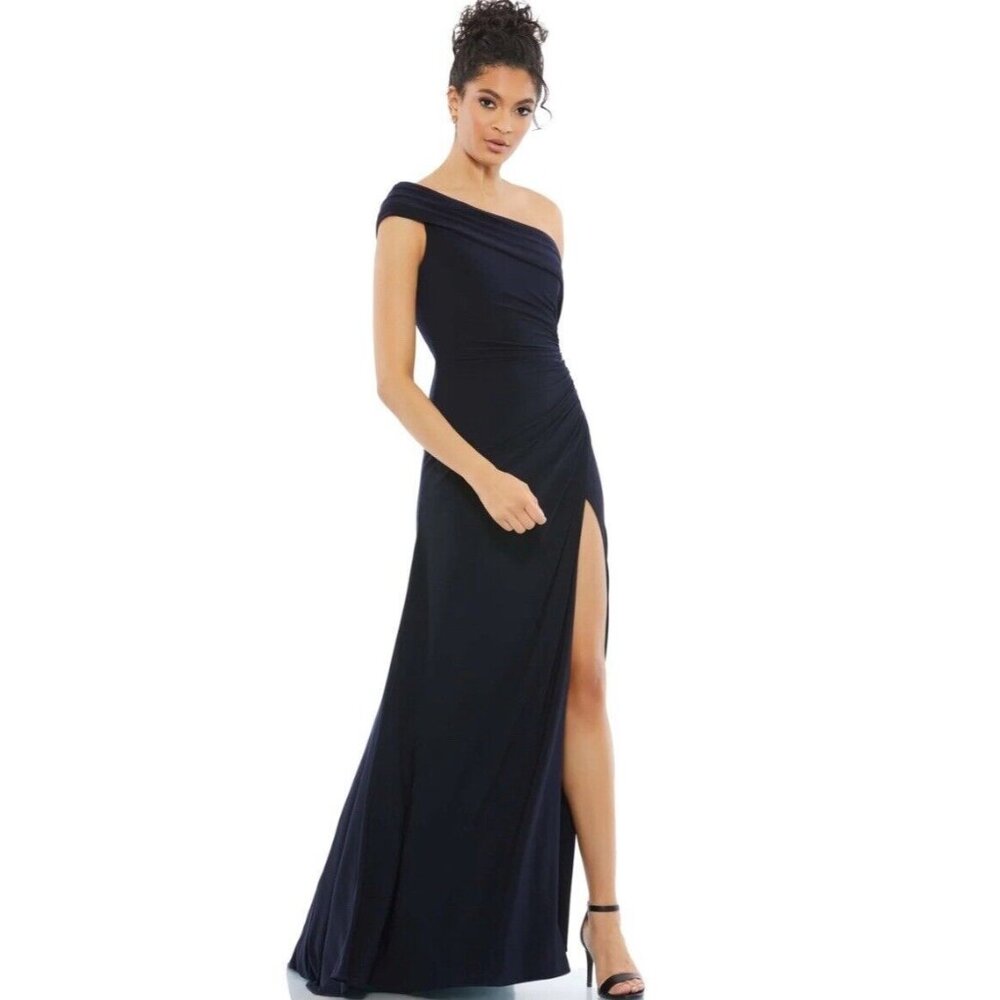 IEENA Mac Duggal Off The Shoulder Slit Gown Size 4 Ruched Blue Prom